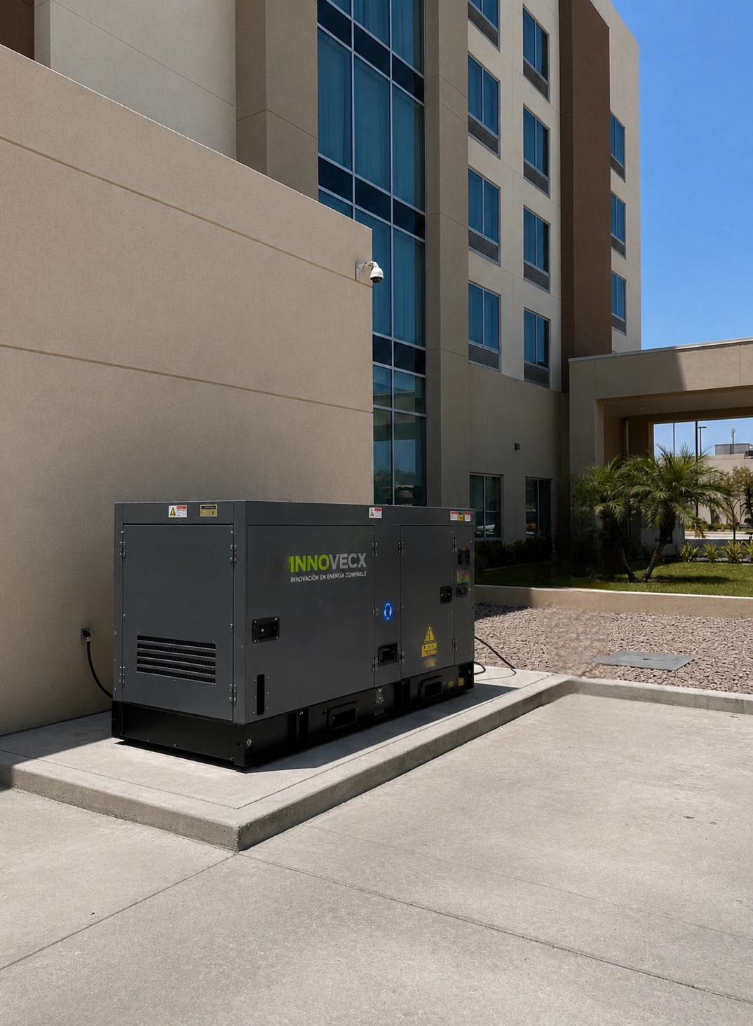 Gray industrial generator on a raised concrete pad outside a modern beige office building, with blue sky and palm trees nearby.