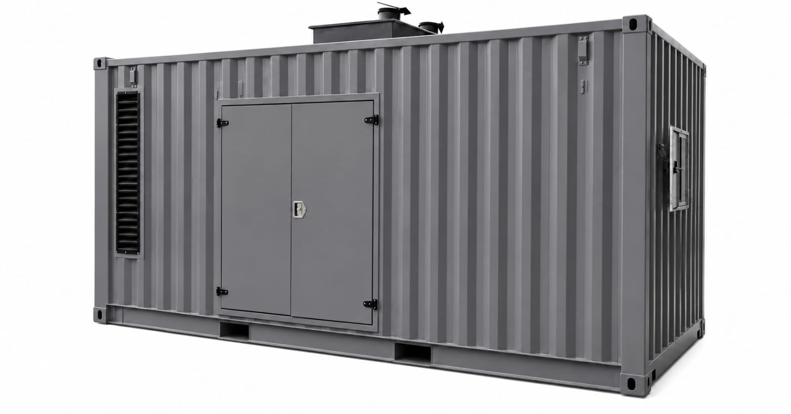 Innovecx 1000kw » innovecx » innovecx Gray shipping-container style generator with double front doors and side vent on a white background.