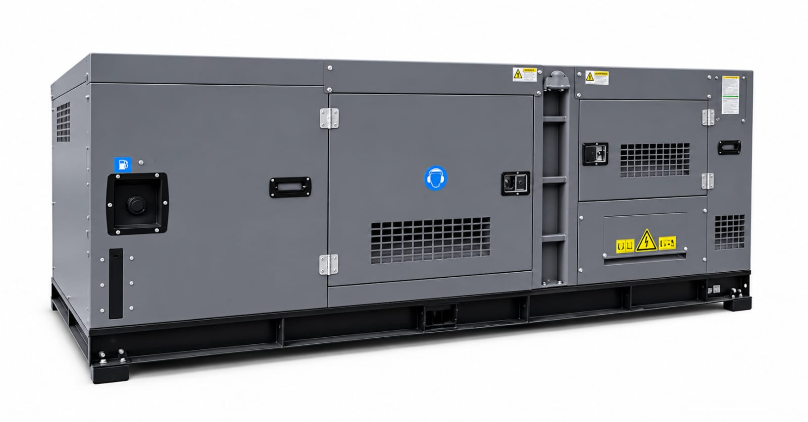 Innovecx 100kw » innovecx » innovecx Large gray diesel generator on a low steel frame, with ventilation grilles, access doors, and warning labels.