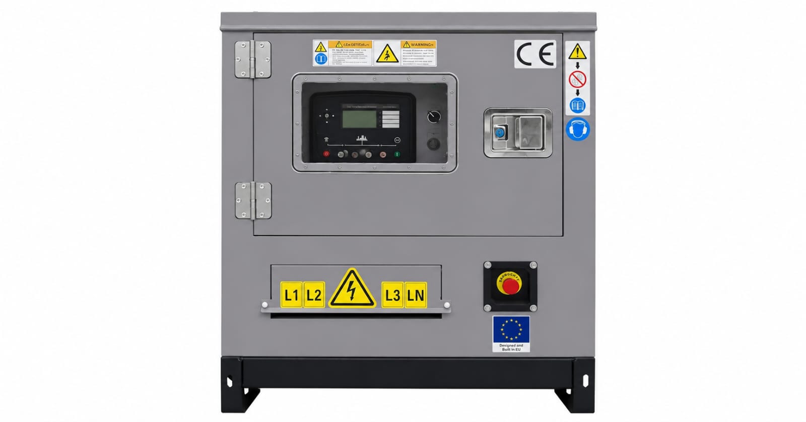 Grey industrial electrical cabinet with a control panel and high‑voltage warning signs, labeled l1 l2 l3 ln on a recessed slot