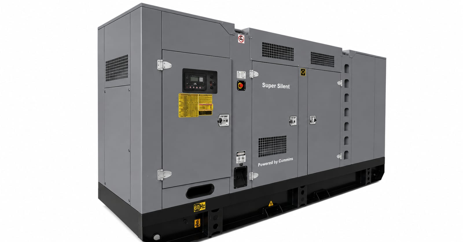 Innovecx 300 kw » innovecx » innovecx Large stationary diesel generator set on a black base, labeled 'super silent' and 'powered by cummins' with control panel and vents on grey panels.