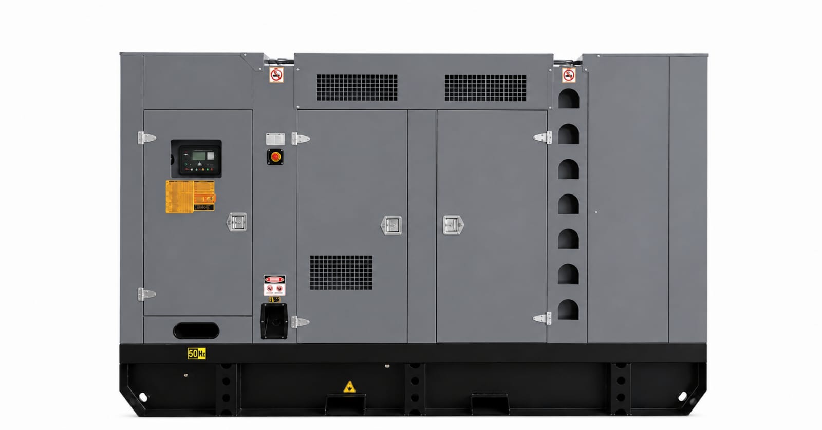 Innovecx 350kw » innovecx » innovecx Industrial generator set with gray panels and control panel on the left, mounted on a black base.