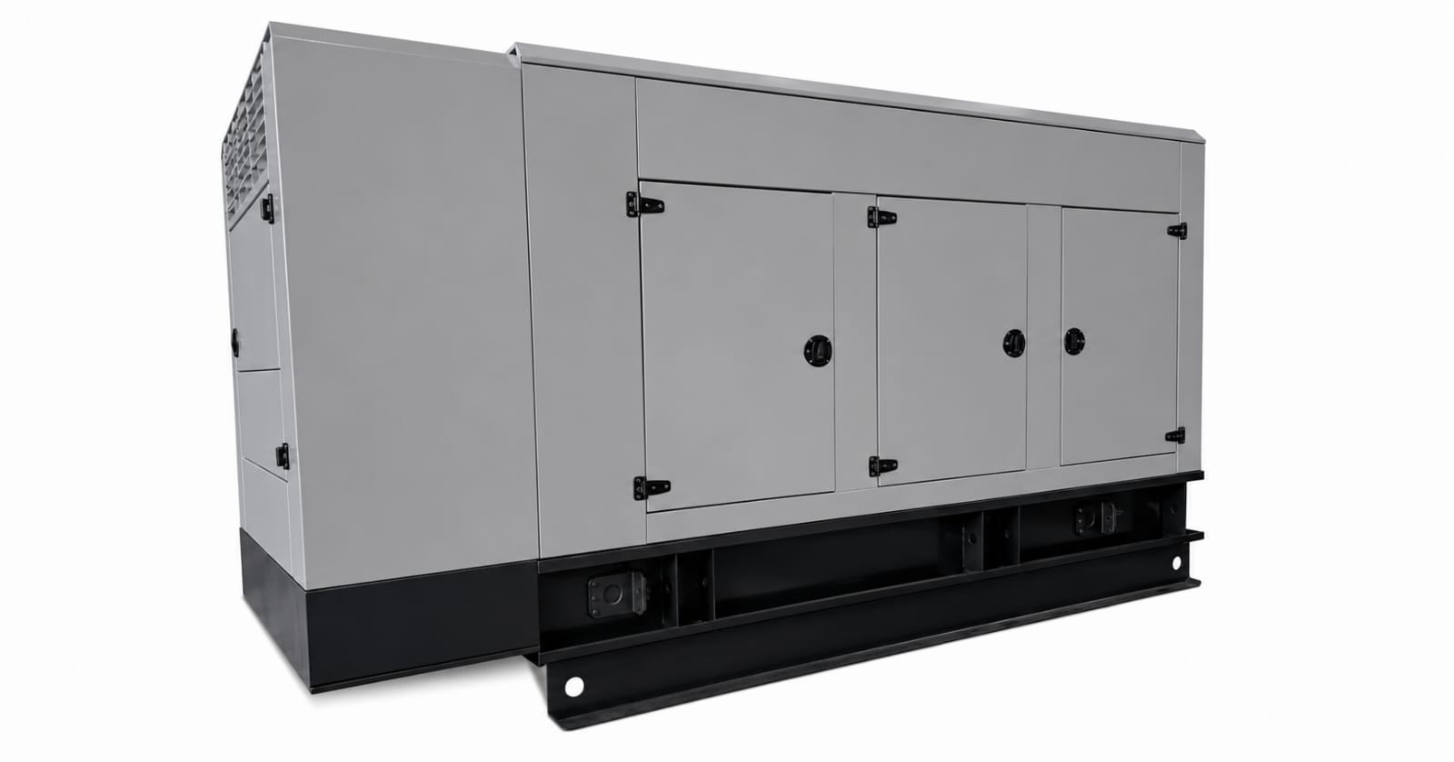 Innovecx 500kw » innovecx » innovecx Industrial gray diesel generator mounted on a black metal skid with multiple access doors and latches.