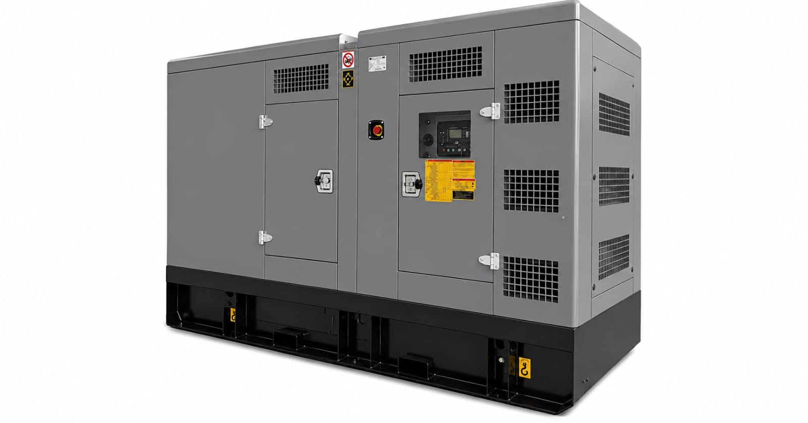 Industrial diesel generator set on a black skid, with multiple access doors, vents, and a control panel on the front side, used for backup power
