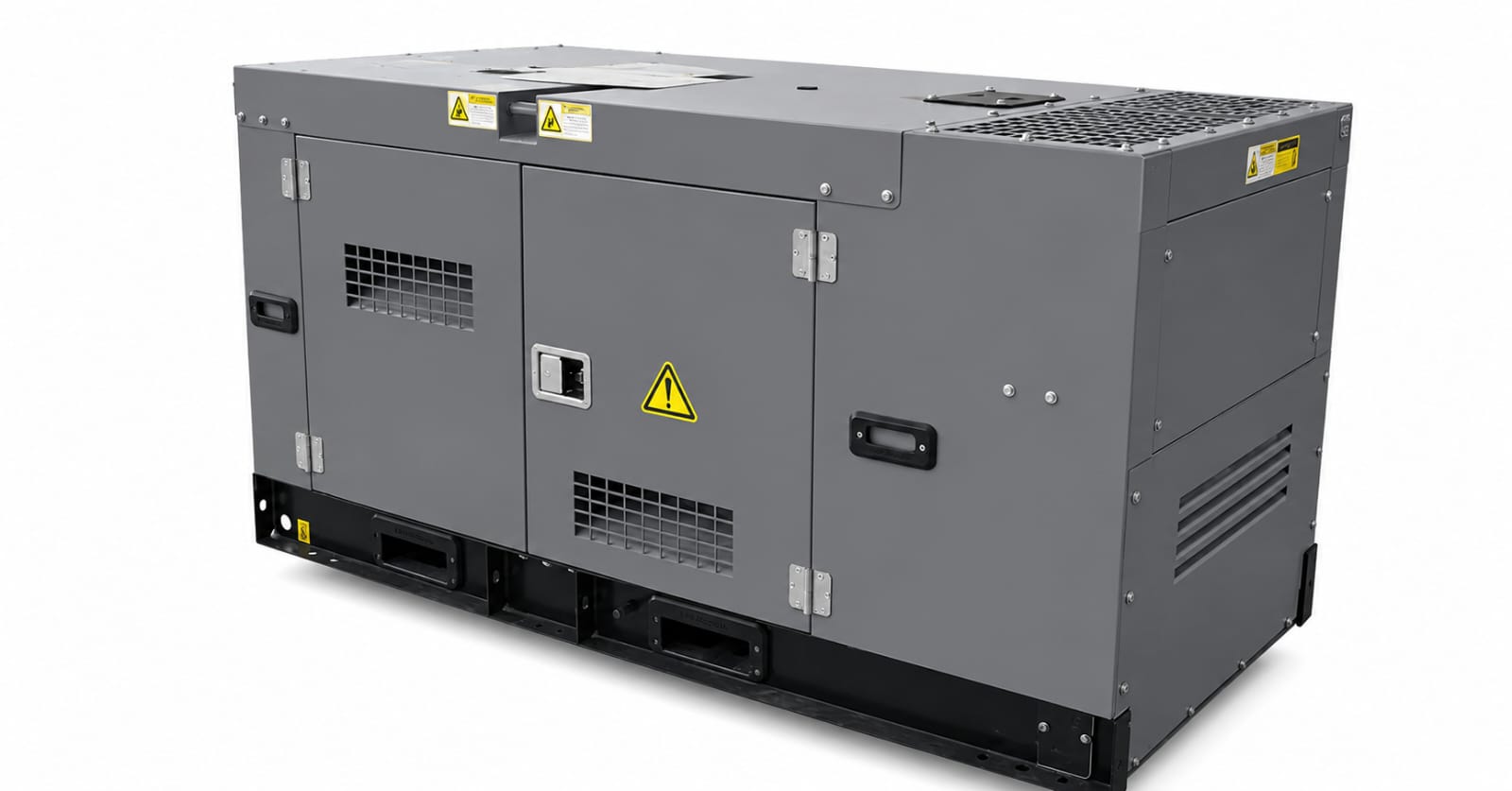 Industrial diesel generator enclosure with vents, access doors, and warning labels (gray, mounted on a black base).