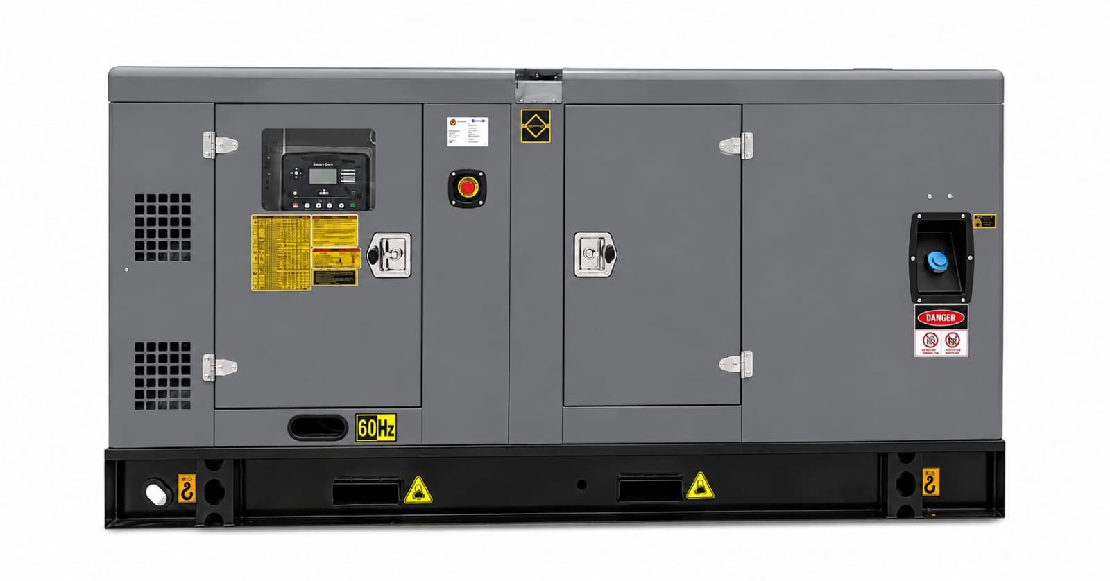 Large gray industrial generator on a black skid with warning labels and access panels.