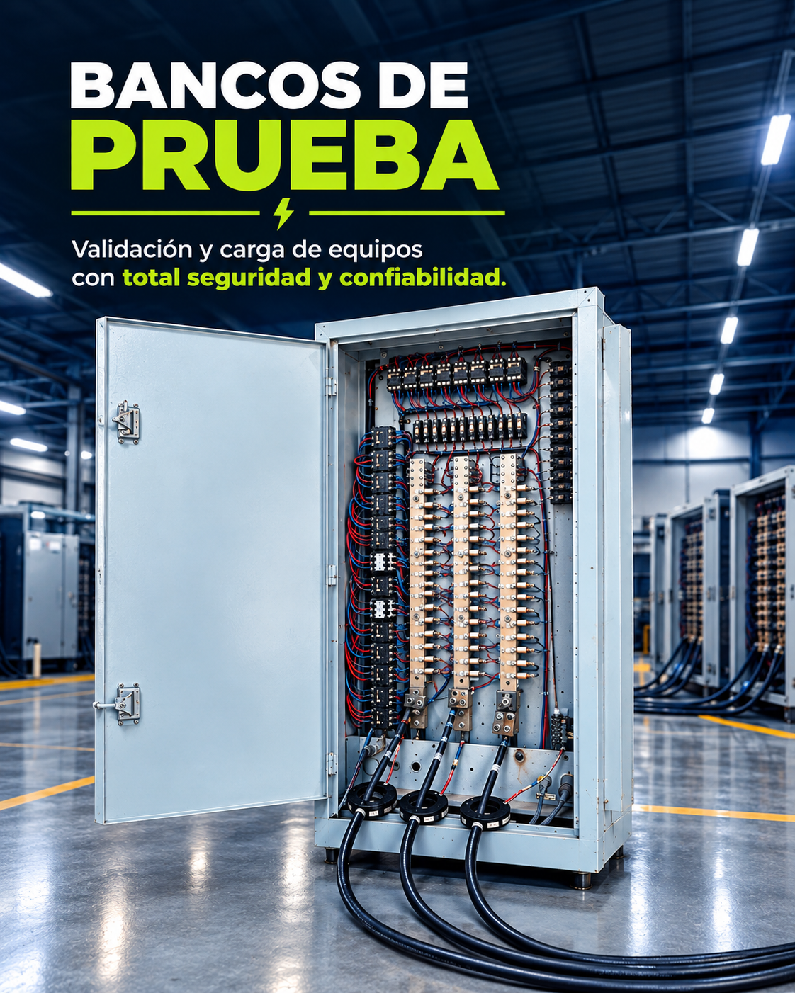 Open electrical control cabinet with dense wiring and copper busbars in an industrial test facility. The image shows a large testing cabinet with cables and components inside, with a blue-toned factory background. The title text in spanish reads 'bancos de prueba'.