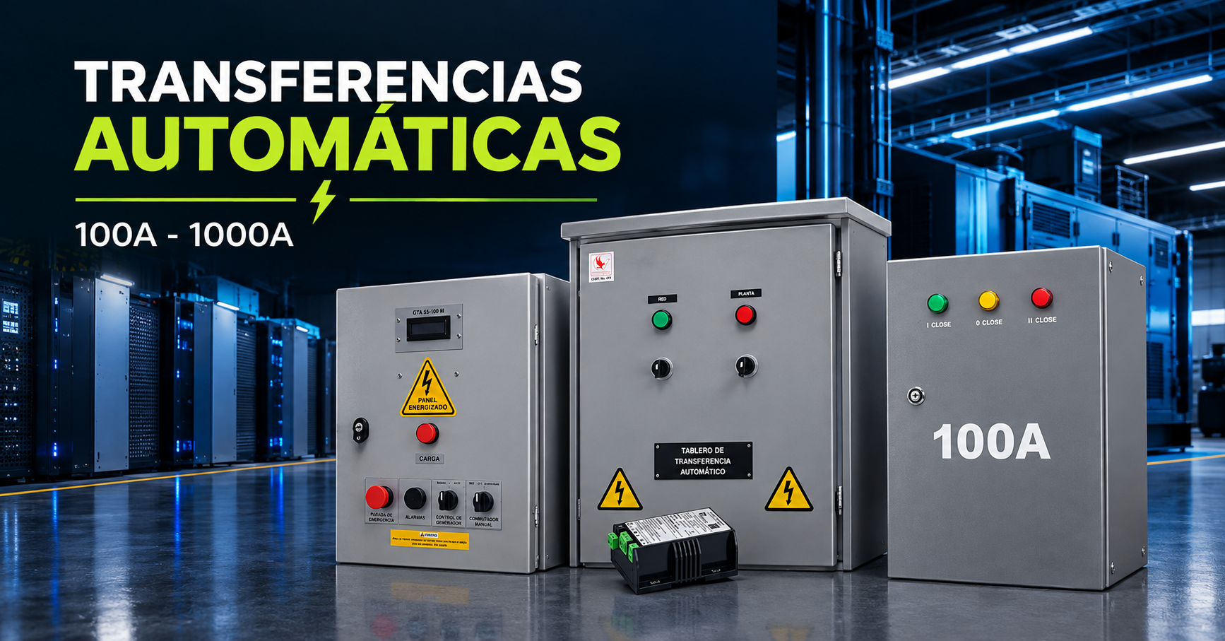 Paneles de transferencia automática en un entorno industrial con iluminación azul; texto grande: transferencias automÁticas y 100a - 1000a en la imagen.